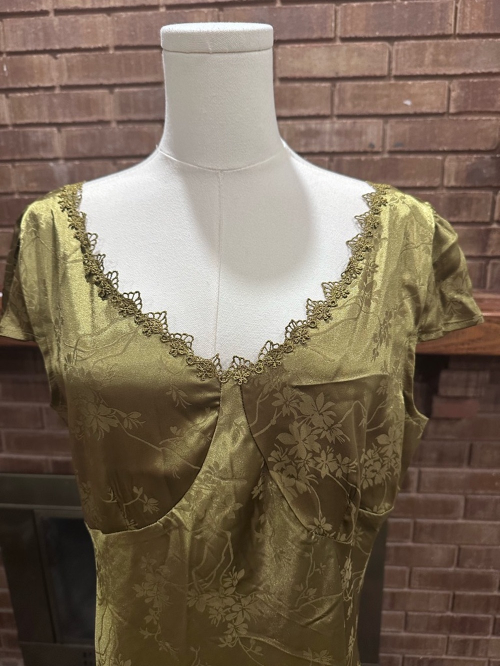 NWT Rihoas Olive Green Jacquard Cap Sleeve Satin Midi Dress XL Cottagecore - Picture 8 of 11